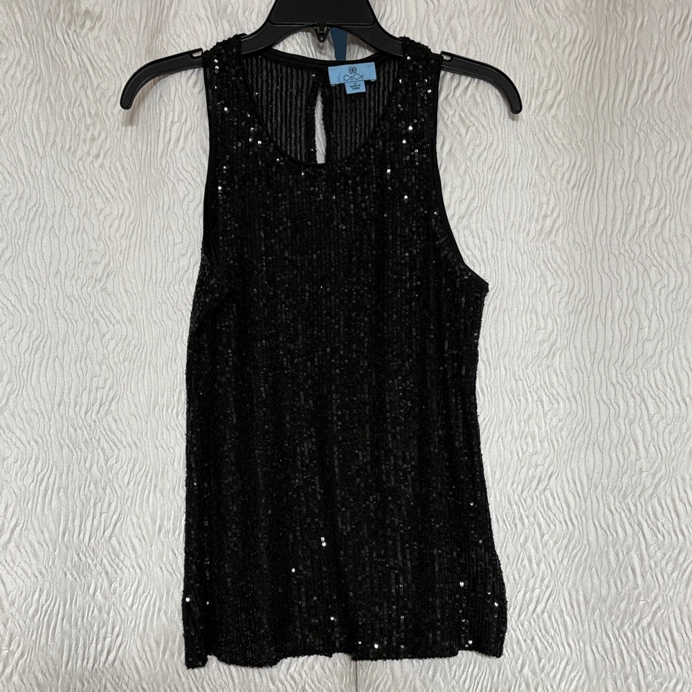 CECE  Sequin Womens Black Back Button Closure Sleeve Blouse S